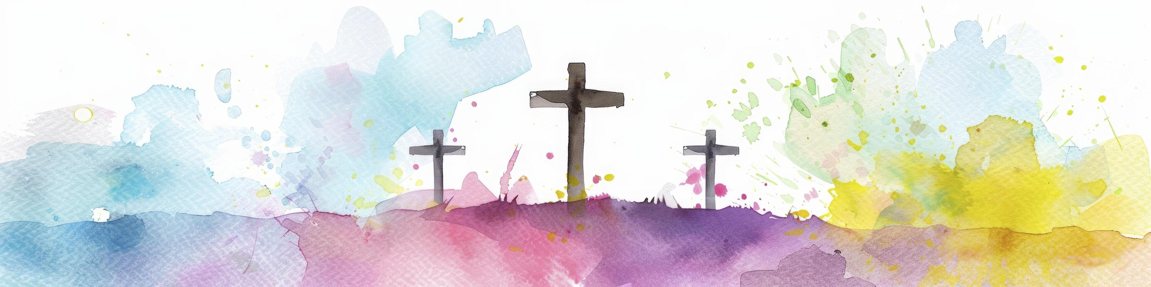 Watercolor Easter background with three crosses on a hill photo