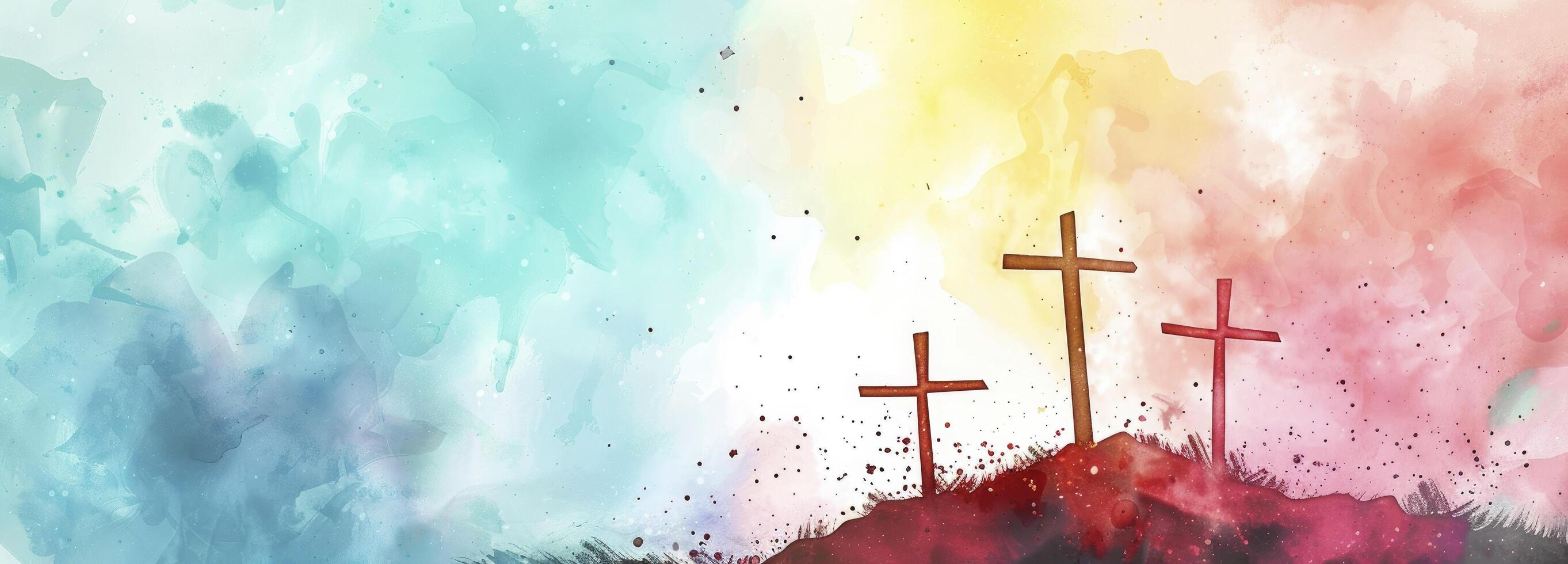 Watercolor Easter background with three crosses on a hill photo