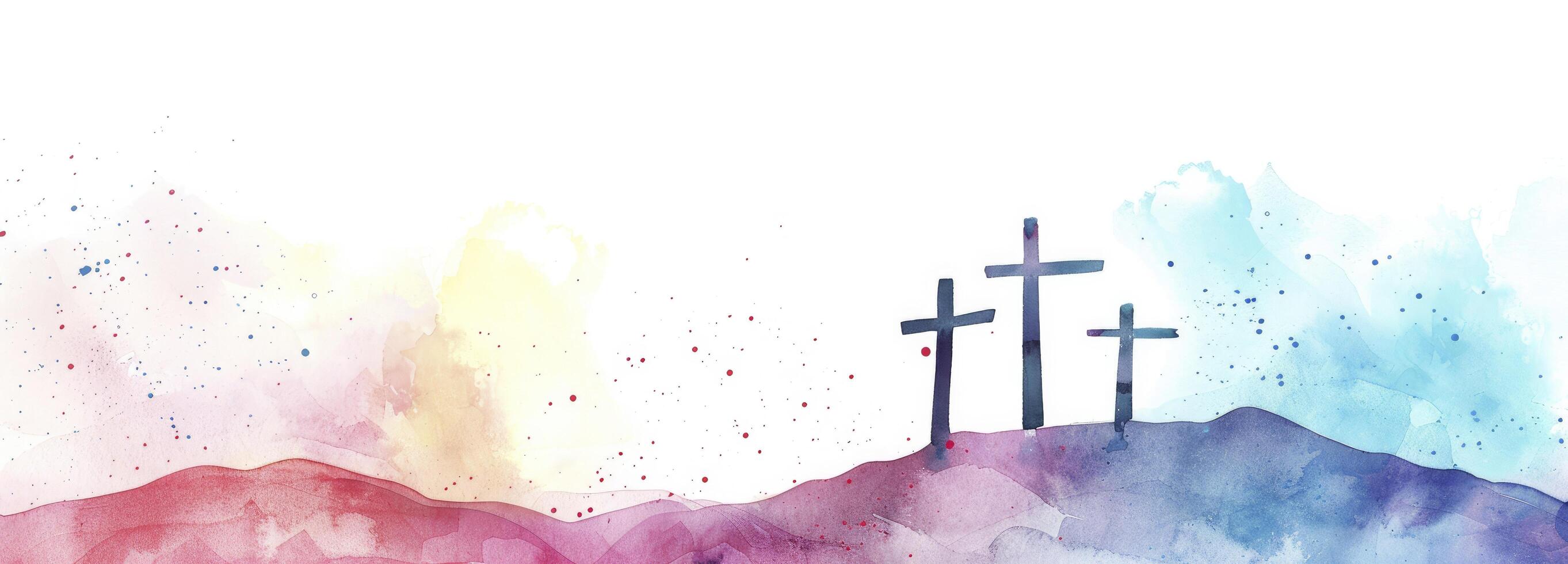 Watercolor Easter background with three crosses on a hill photo