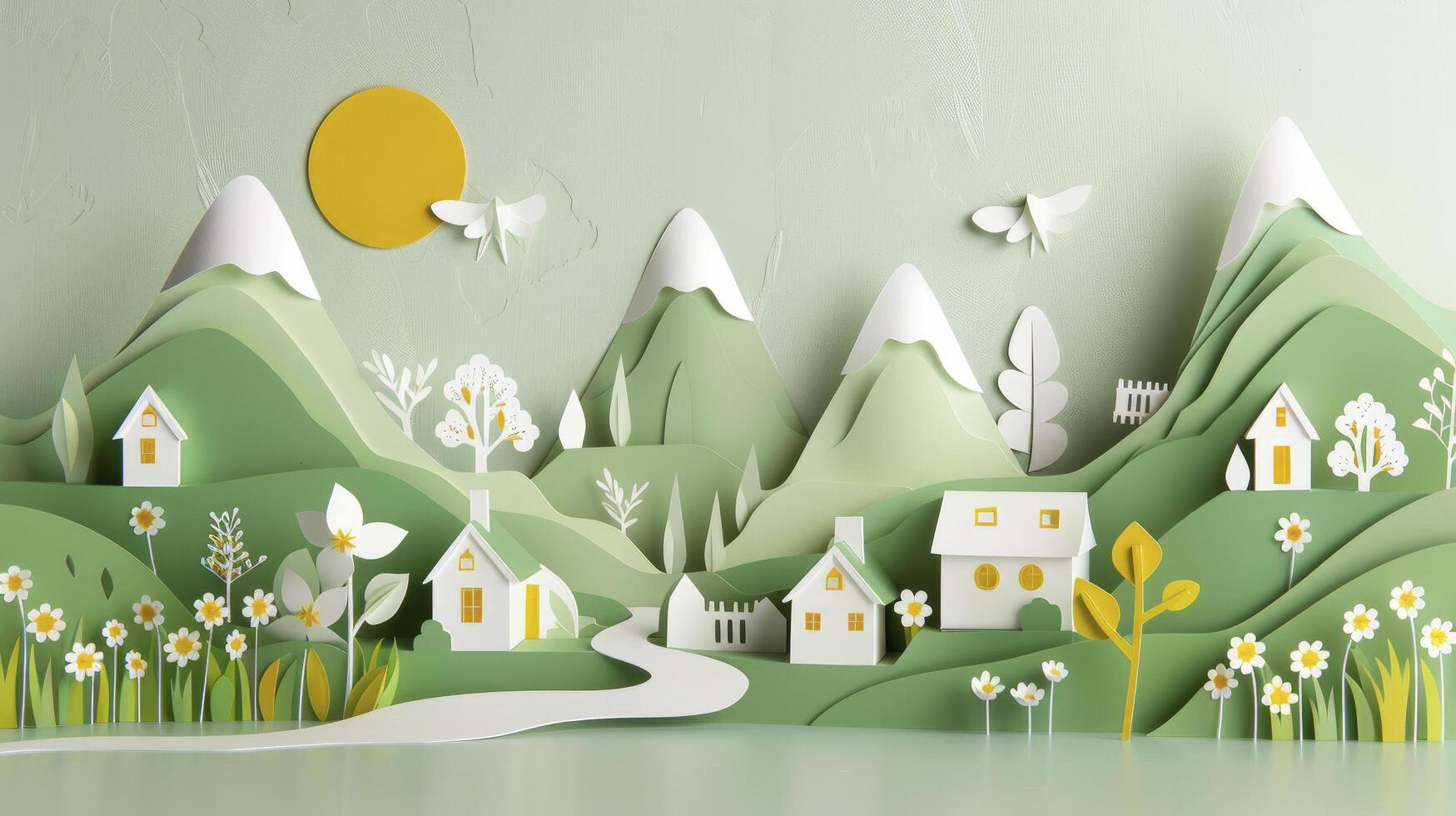 Springtime Serenity. A Charming Paper Art Landscape of Village photo