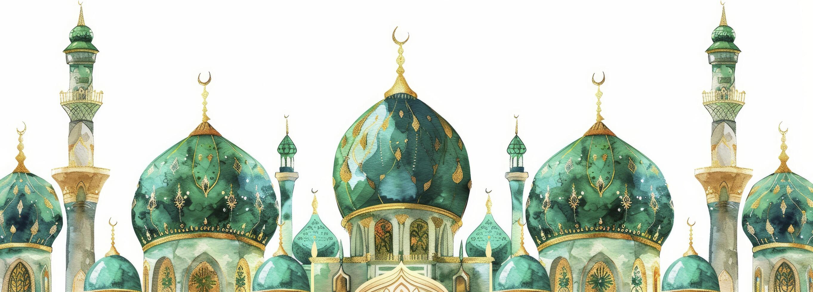 Hand drawn watercolor green and golden mosques background photo