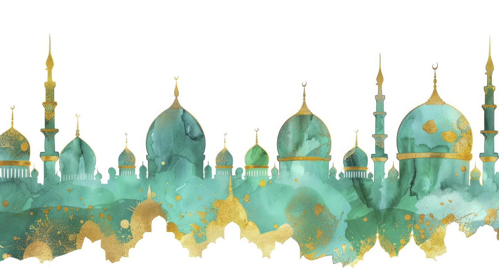 Hand drawn watercolor green and golden mosques background photo