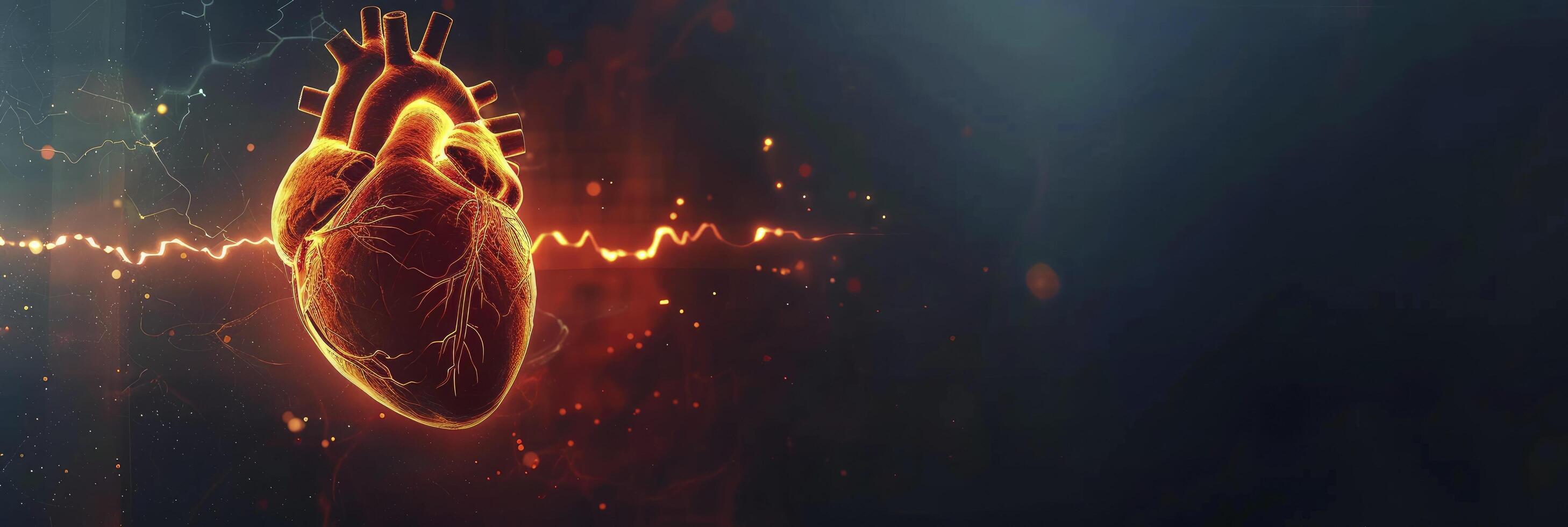 Human Heart with Cardio Pulse Line on Dark Background, Concept of Healthcare and Cardiology photo