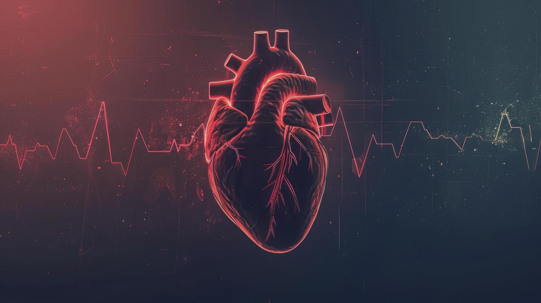 Human Heart with Cardio Pulse Line on Dark Background, Concept of Healthcare and Cardiology photo