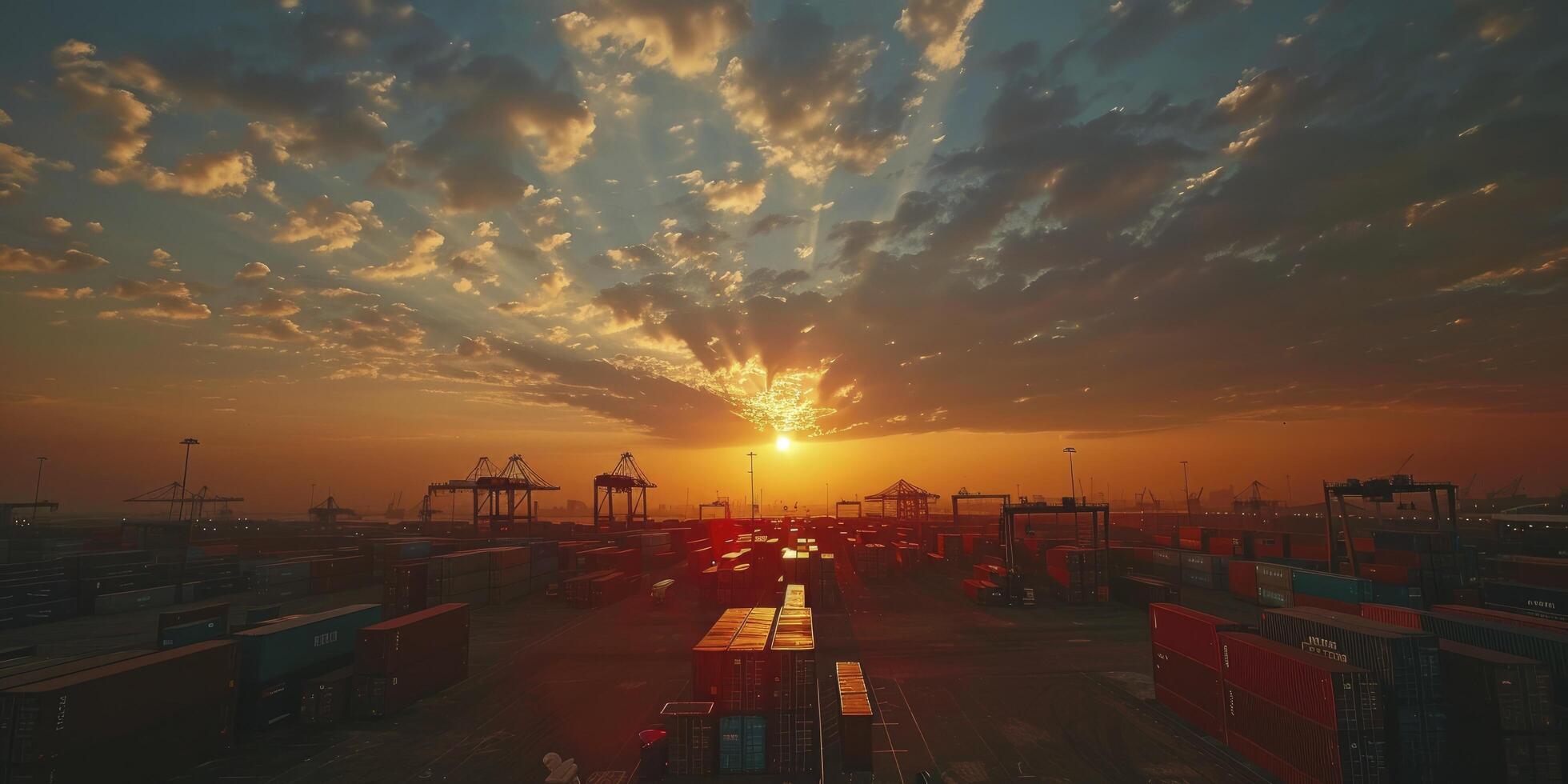 Global Trade Hub, Dramatic Sunset Casts a Glow Over Industrial Shipping Container Yard, Symbolizing the Heart of International Logistics and Global Trade. photo