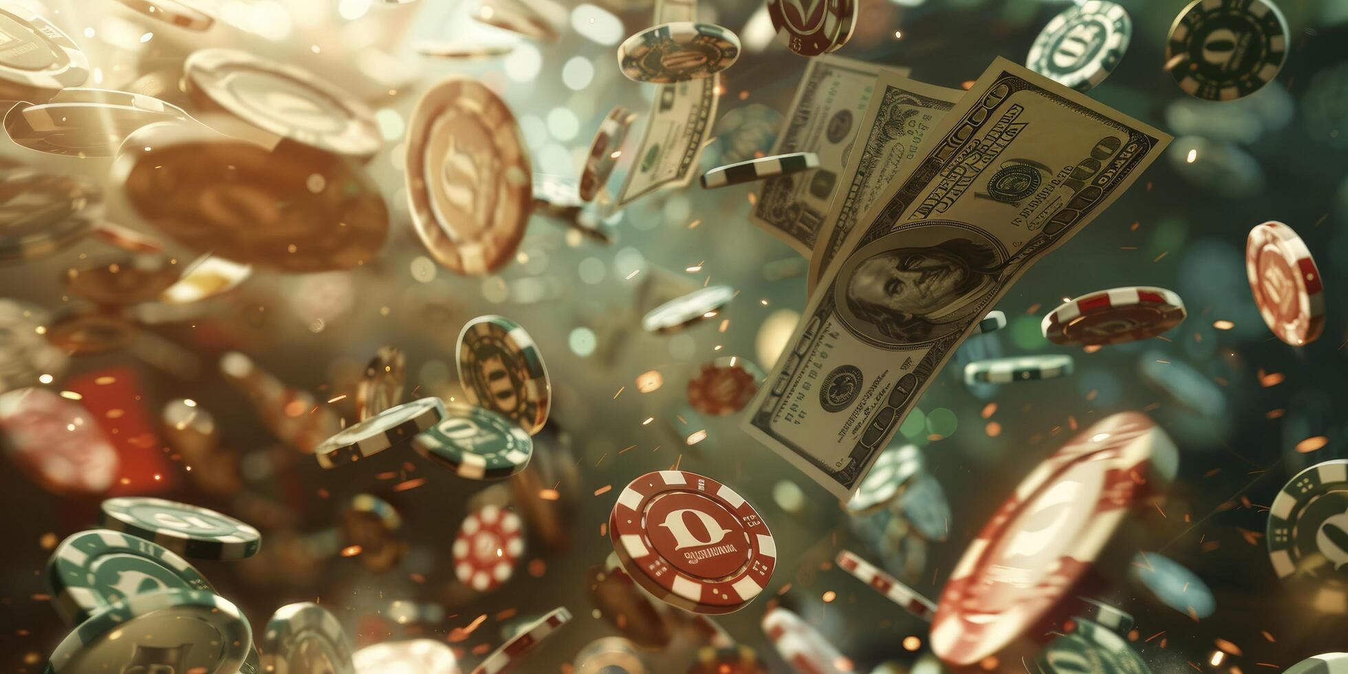 Cash Cascade, Freeze-Frame Moment Captures Dynamic Flow of Casino Chips and Dollar Bills, Symbolizing the Thrilling Rush of a High-Stakes Win. photo