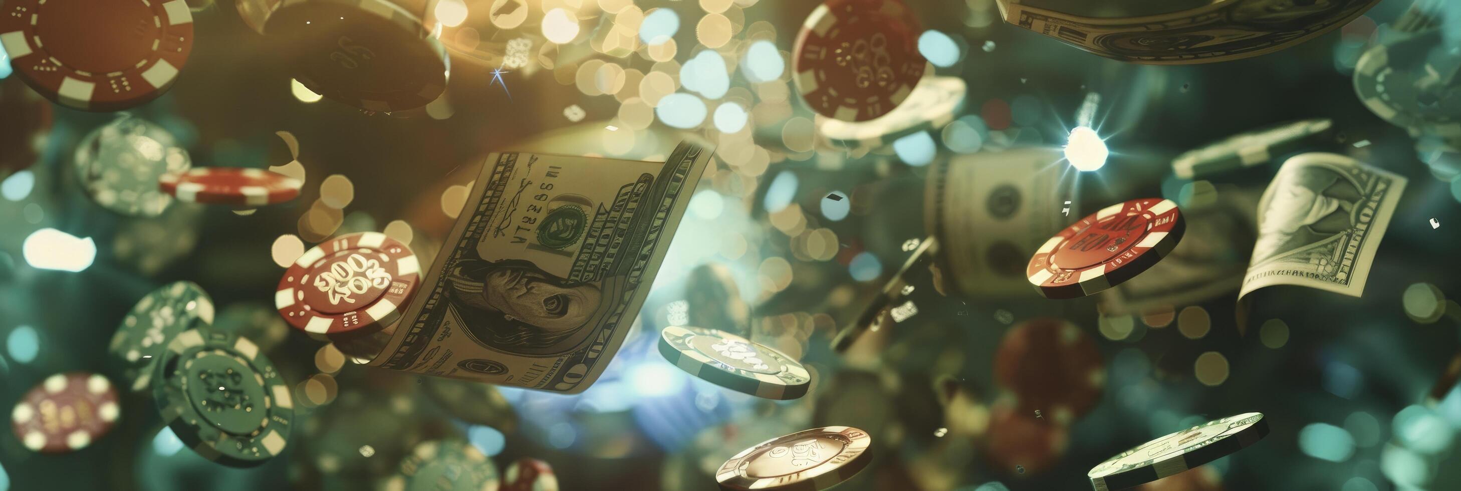 Cash Cascade, Freeze-Frame Moment Captures Dynamic Flow of Casino Chips and Dollar Bills, Symbolizing the Thrilling Rush of a High-Stakes Win. photo