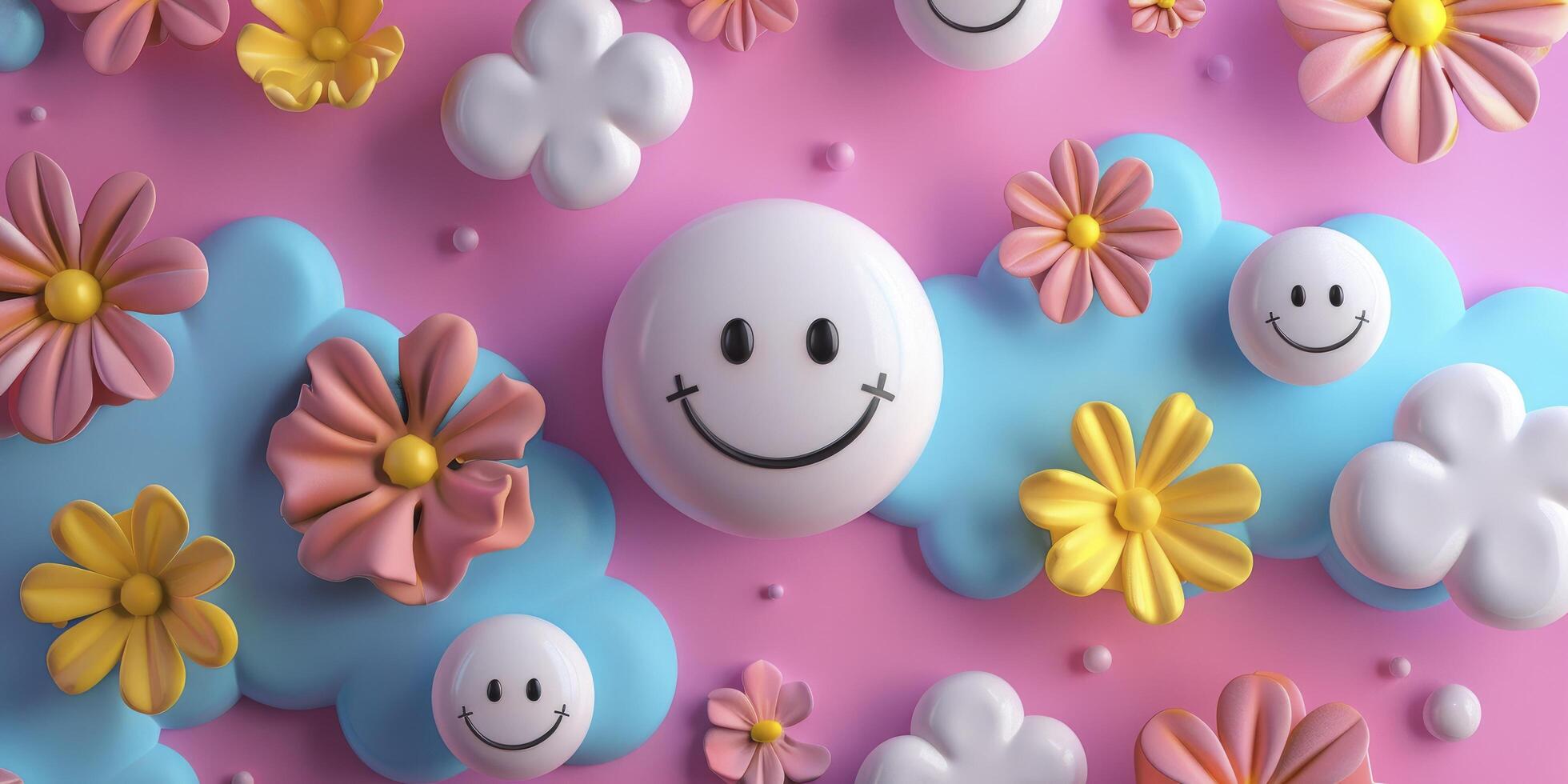 3D Retro Smiley Faces, Flowers, and Clouds Composition photo