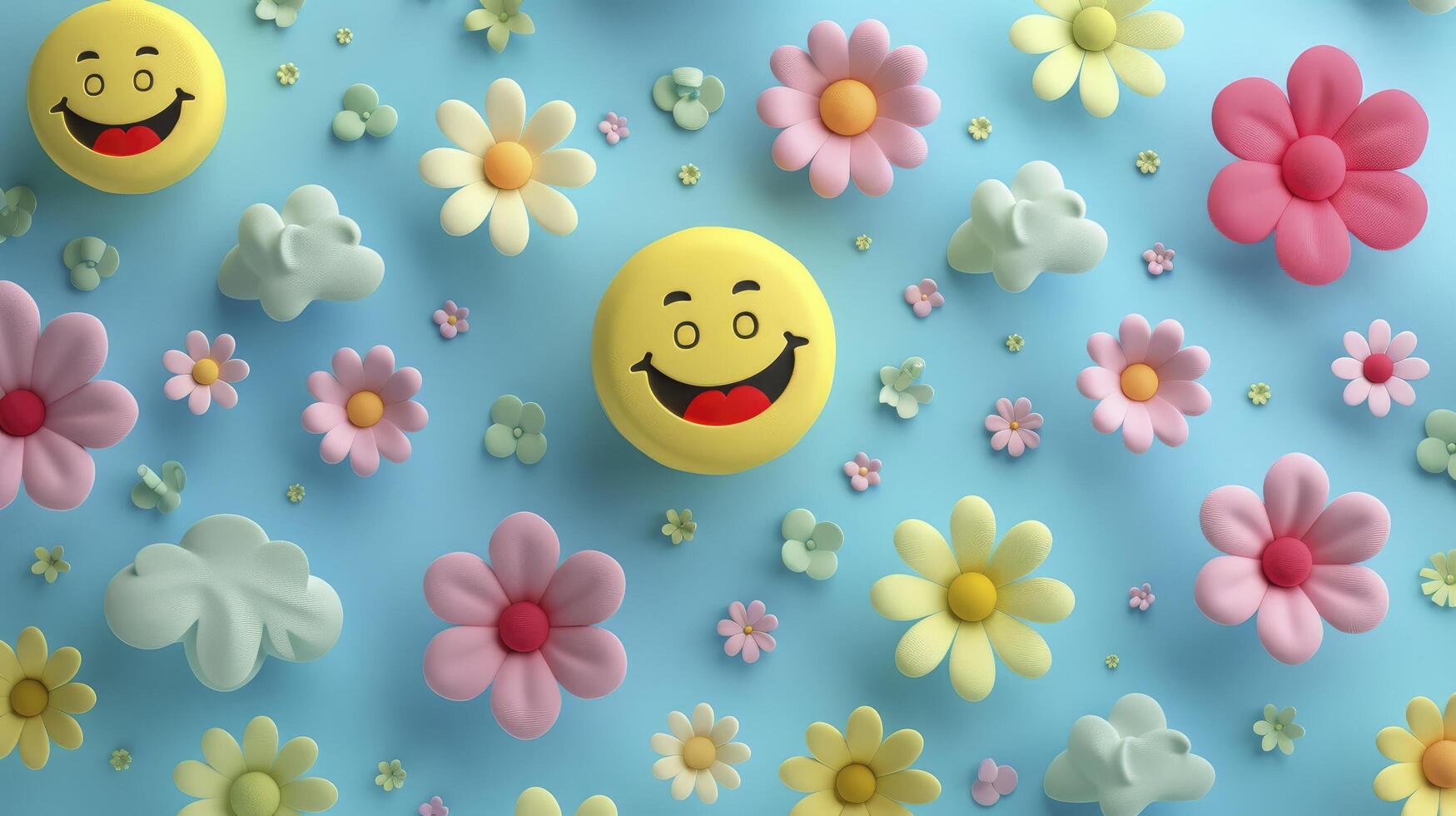 3D Retro Smiley Faces, Flowers, and Clouds Composition photo