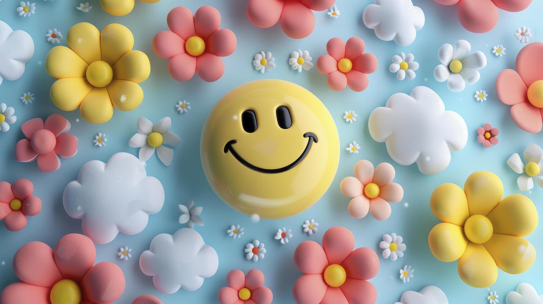 3D Retro Smiley Faces, Flowers, and Clouds Composition photo