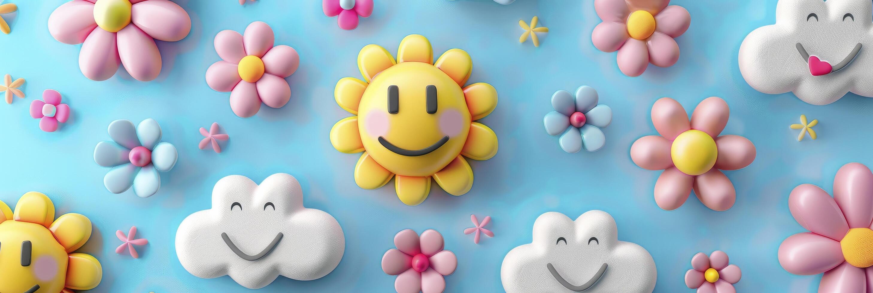 3D Retro Smiley Faces, Flowers, and Clouds Composition photo