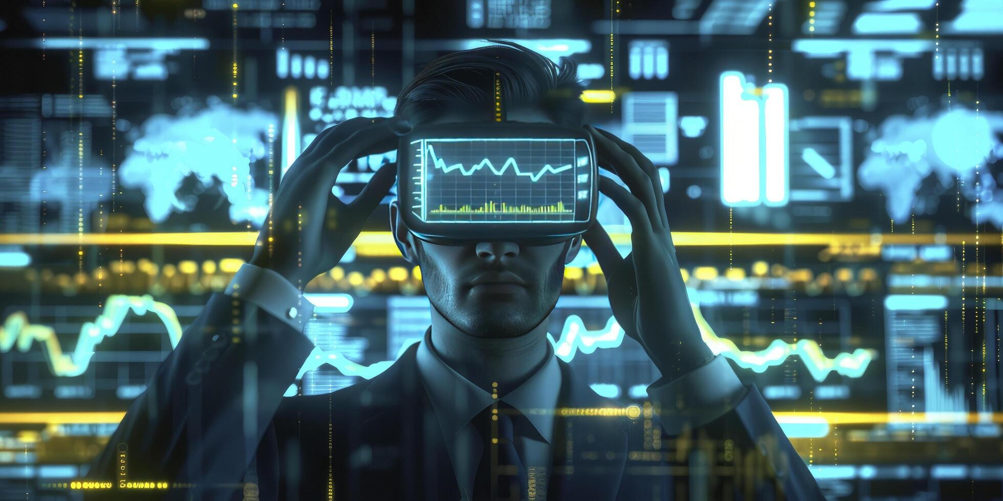 Business Concept Visualization, Businessman in VR Headset Immersed in Virtual World of Data Graphics and Stocks photo