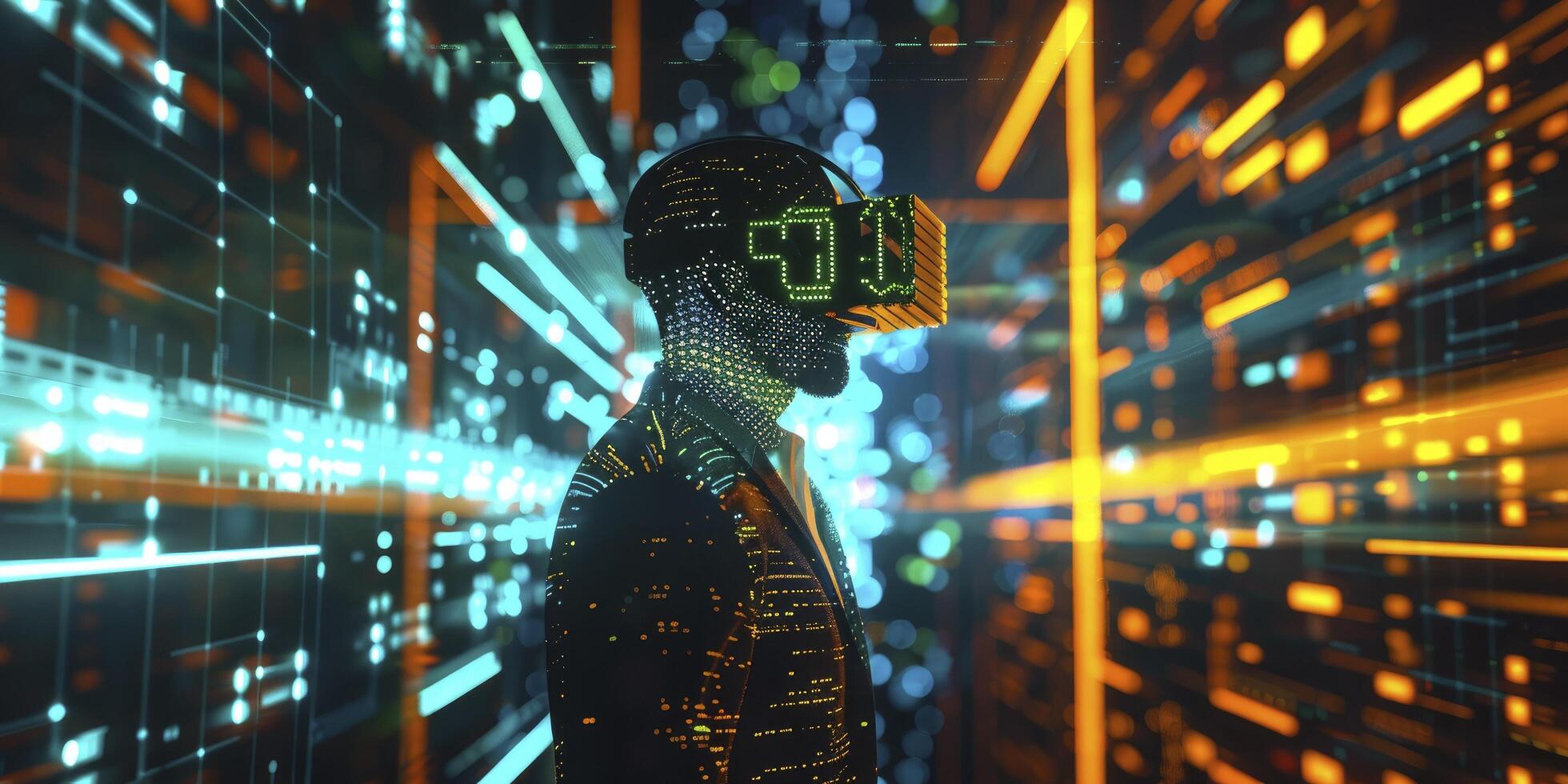 Business Concept Visualization, Businessman in VR Headset Immersed in Virtual World of Data Graphics and Stocks photo
