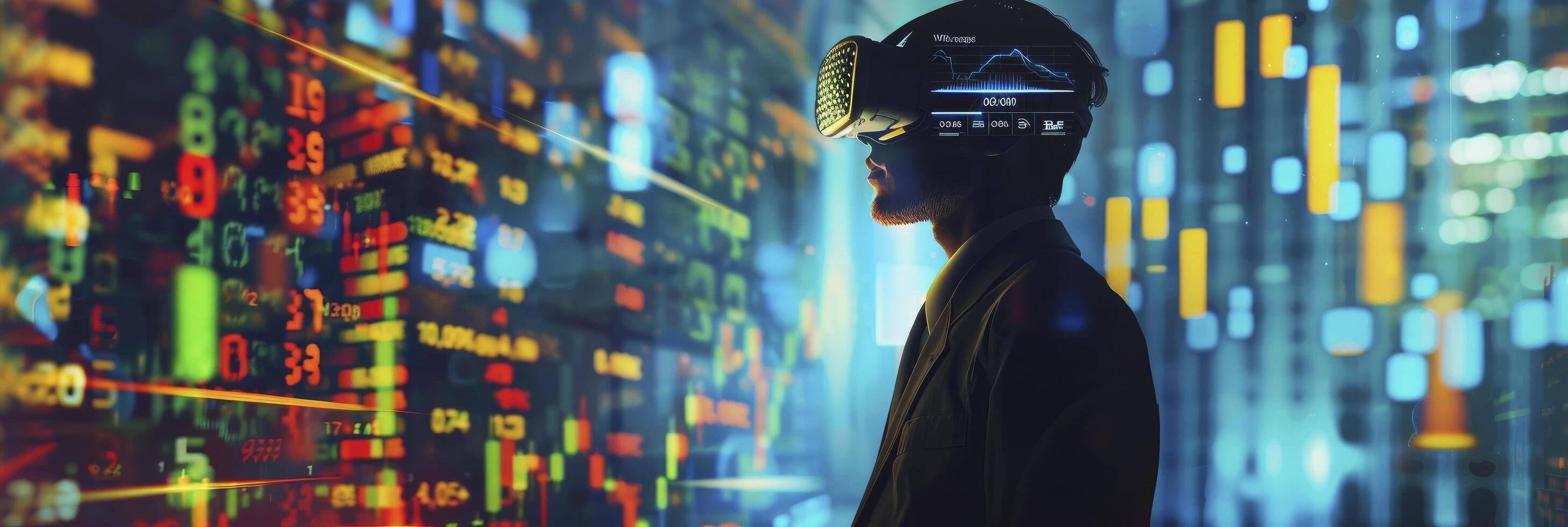 Business Concept Visualization, Businessman in VR Headset Immersed in Virtual World of Data Graphics and Stocks photo
