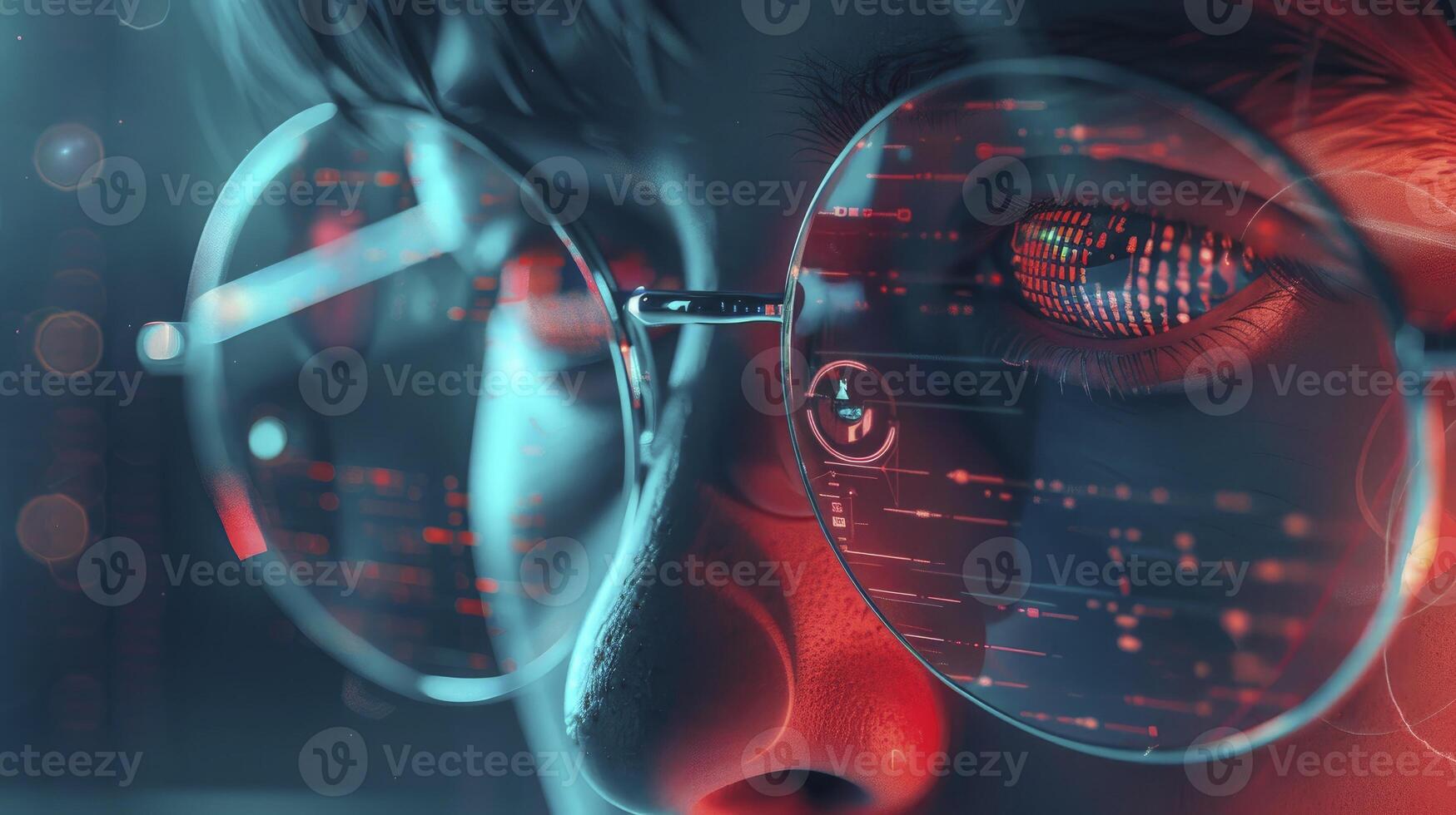 Man Wearing Glasses Featuring Digital Code Visualized on the Eye, Concept of Data Visualization photo