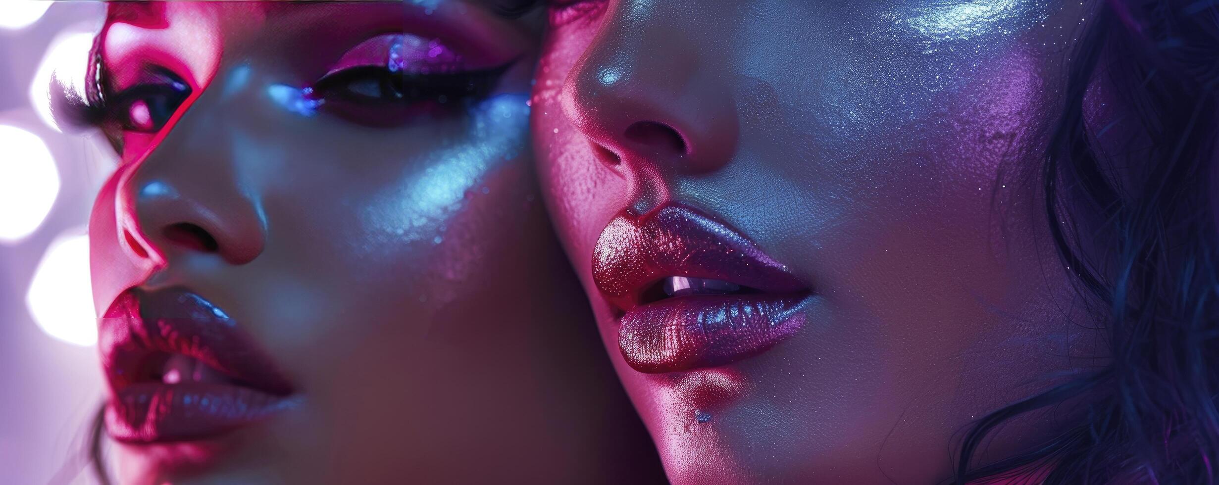 Vibrant Advertisement for Womens Makeup Brand, Embracing Pinks, Purples, and Blues with a Nostalgic 2000s Vibe. photo