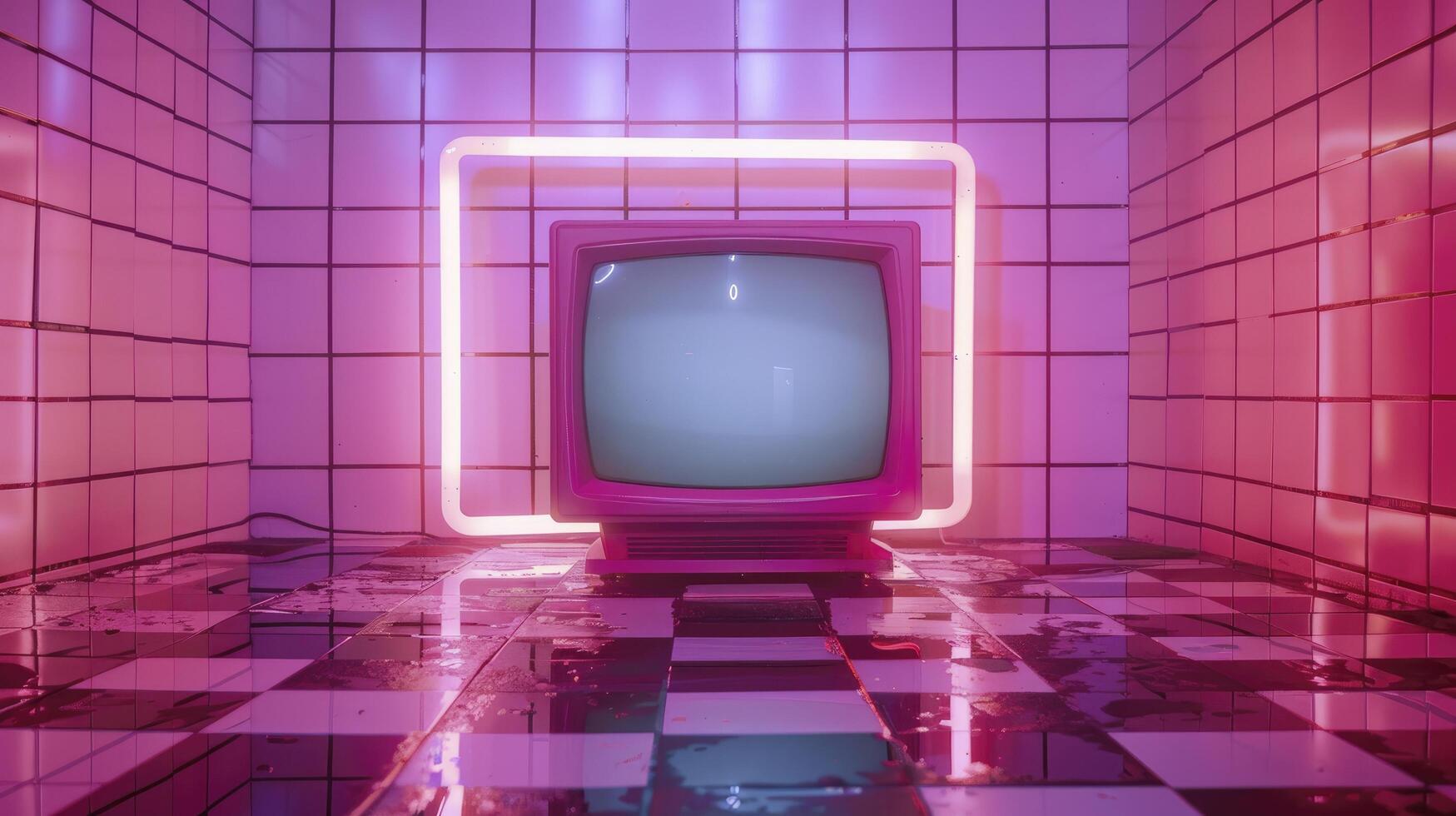 Retro 90s Pink TV Set in an Almost Empty Tiled Room, Enhanced by Neon Lights on the Wall Behind photo