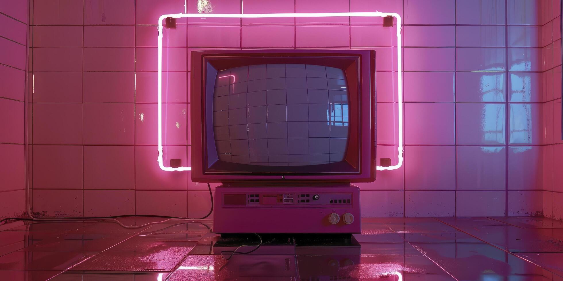 Retro 90s Pink TV Set in an Almost Empty Tiled Room, Enhanced by Neon Lights on the Wall Behind photo