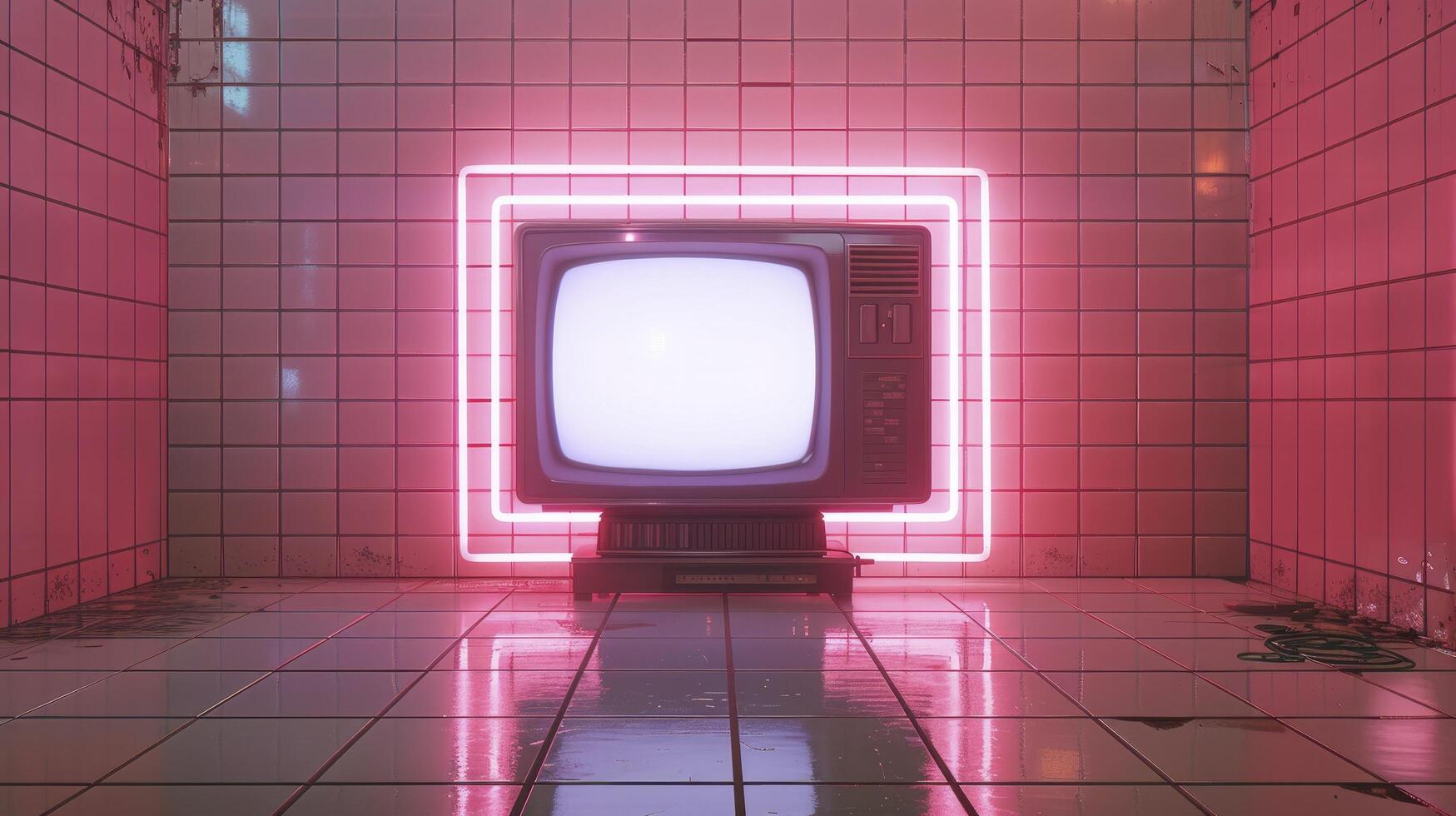 Retro 90s Pink TV Set in an Almost Empty Tiled Room, Enhanced by Neon Lights on the Wall Behind photo