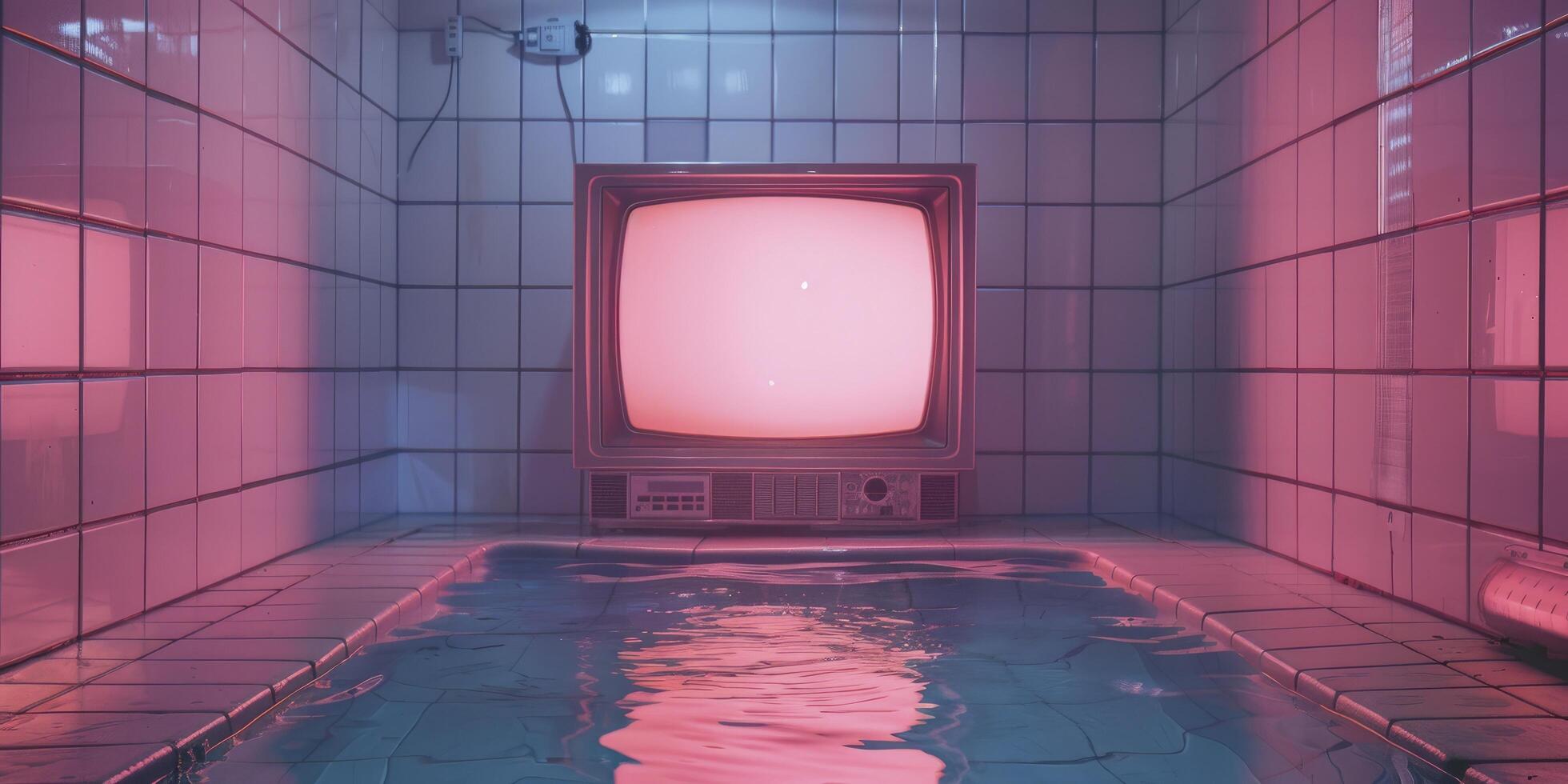 Retro 90s Pink TV Set in an Almost Empty Tiled Room, Enhanced by Neon Lights on the Wall Behind photo
