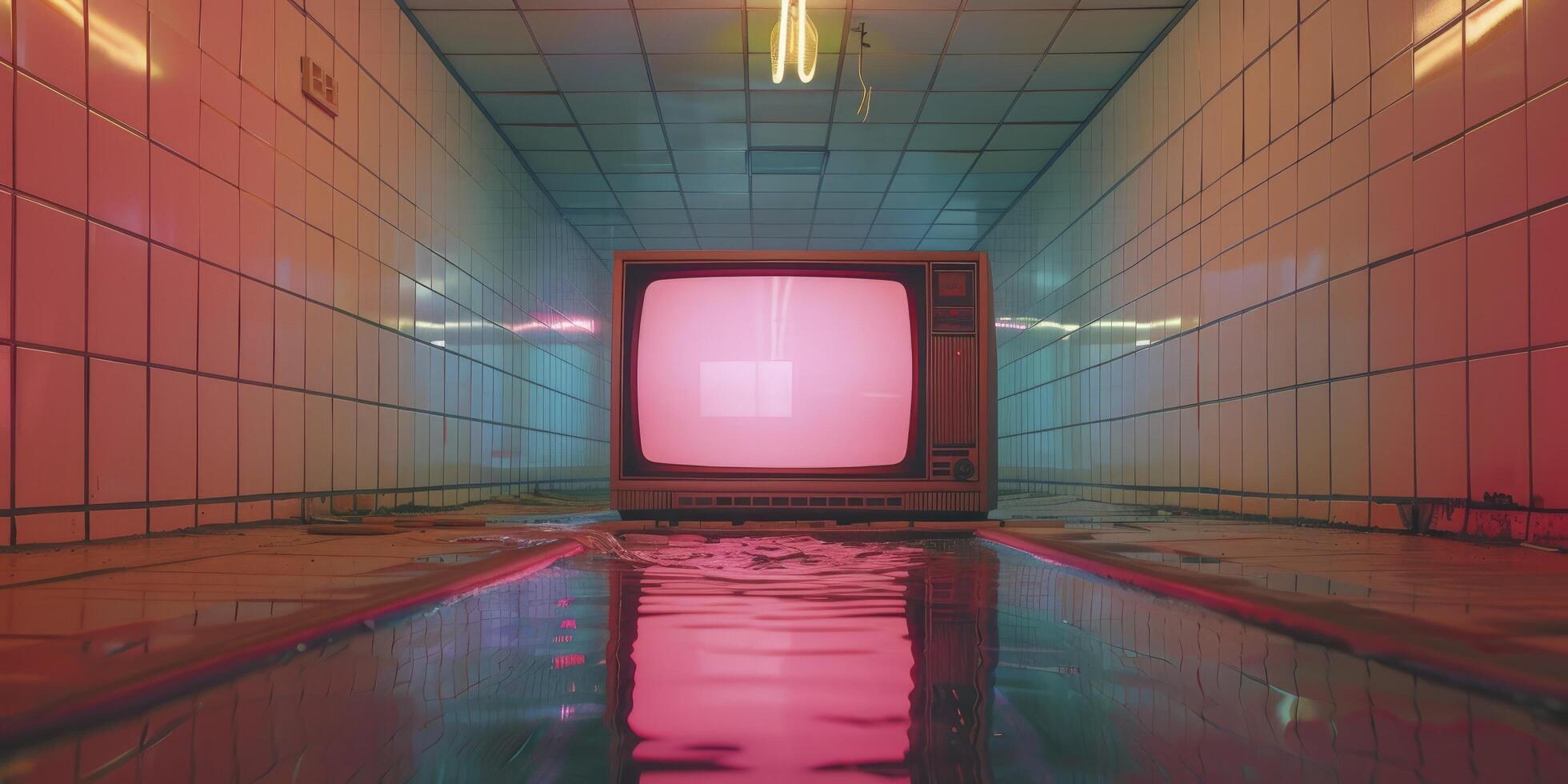 Retro 90s Pink TV Set in an Almost Empty Tiled Room, Enhanced by Neon Lights on the Wall Behind photo