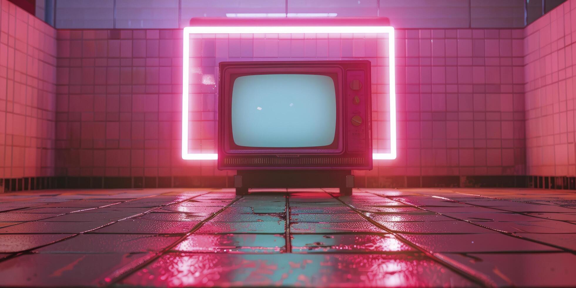 Retro 90s Pink TV Set in an Almost Empty Tiled Room, Enhanced by Neon Lights on the Wall Behind photo