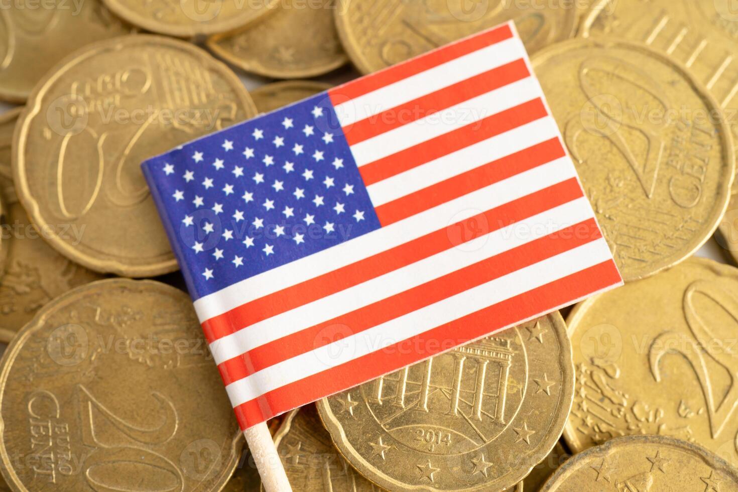 US flag on coin and banknote money, finance trading investment business currency. photo