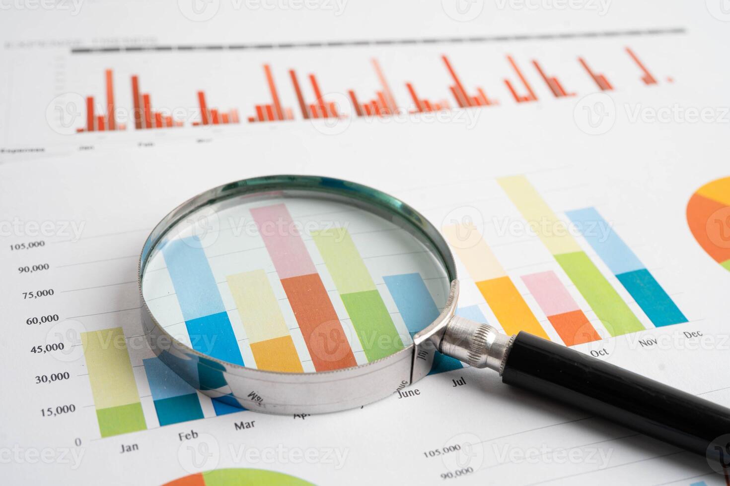 Magnifying glass on charts graphs paper. Financial development, Banking Account, Statistic, photo