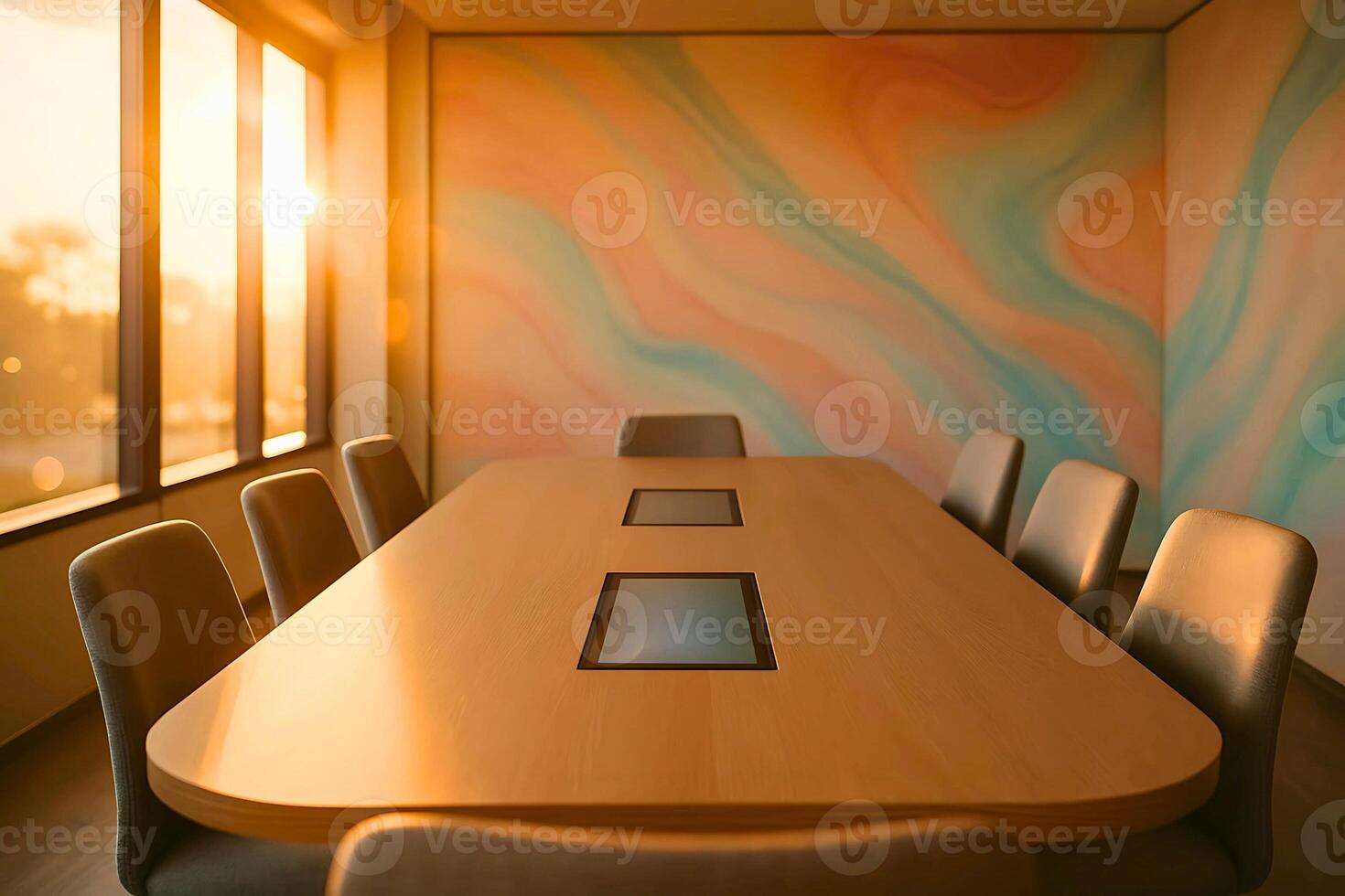 Modern Conference Room, Spacious Table with Warm Sunlight and Abstract Wall photo