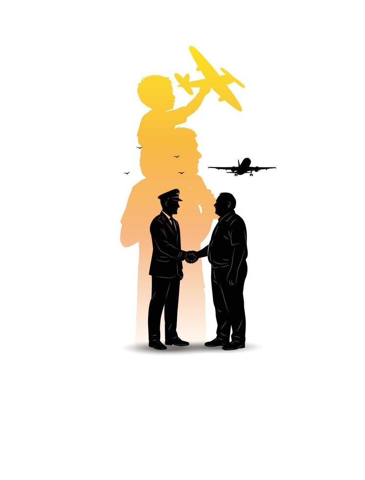 A silhouette of a child with a toy plane and an adult pilot shaking hands vector