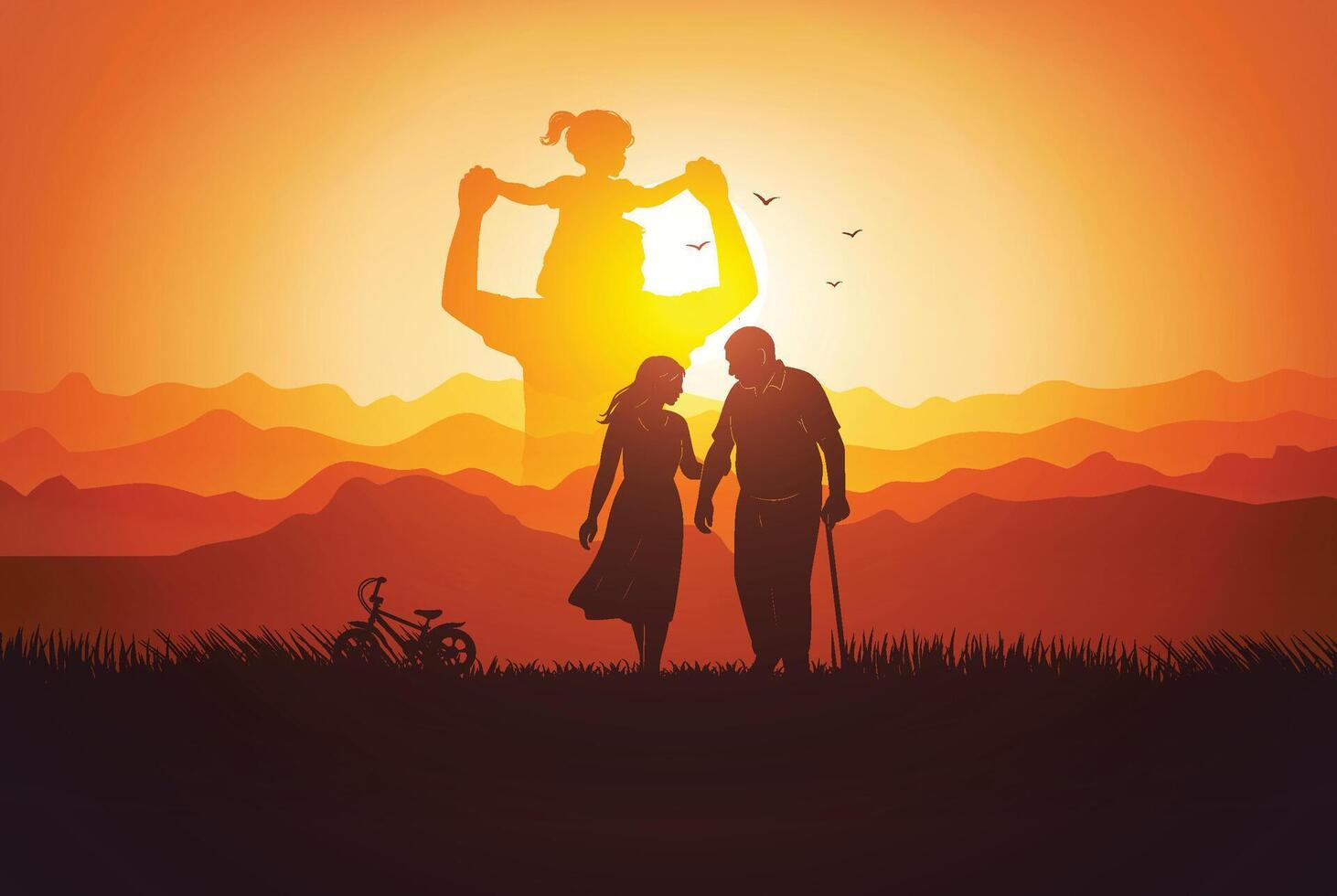 A touching sunset silhouette showing a girl riding on her father's shoulders in memory vector