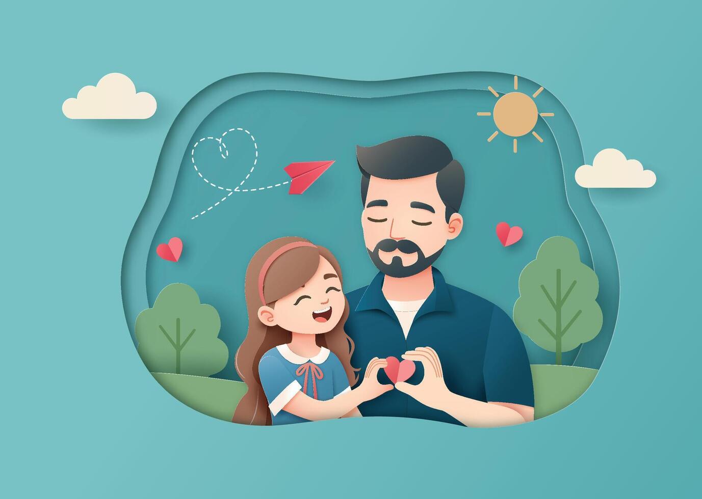 Cute family moment of dad and daughter forming heart shape with hands. vector