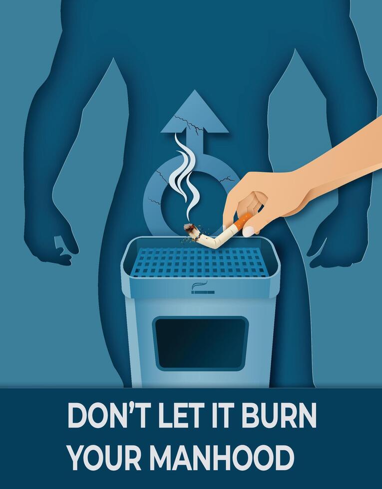 broken cigarette being stubbed out, symbolizing the harmful effects of smoking on male reproductive health. Strong masculine blue palette, papercut style vector