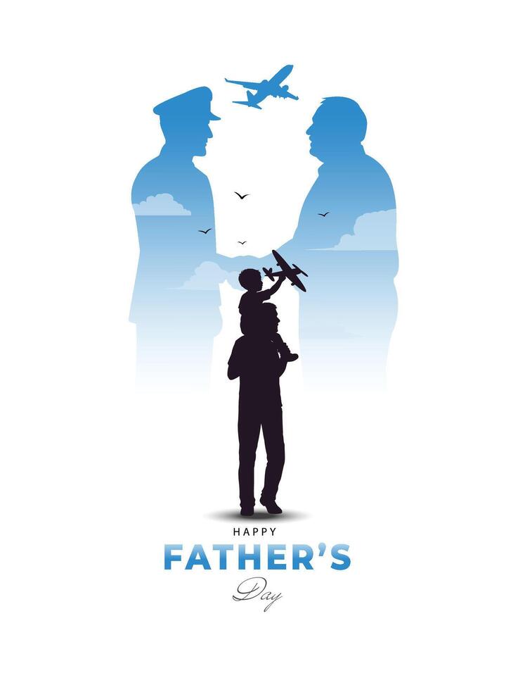 A powerful Father Day silhouette of a child on dad shoulders with toy airplane vector