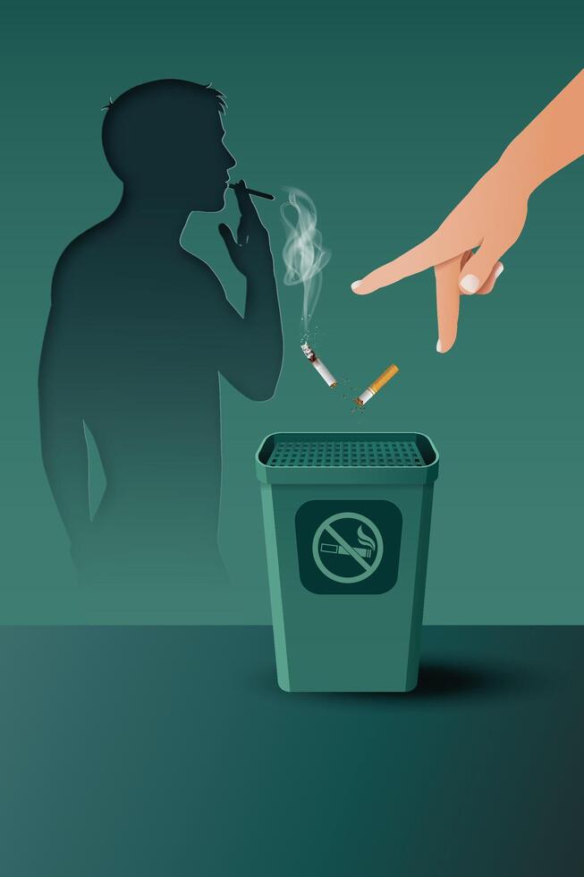 a hand discarding a cigarette into a no-smoking bin, with a smoker shadow behind vector