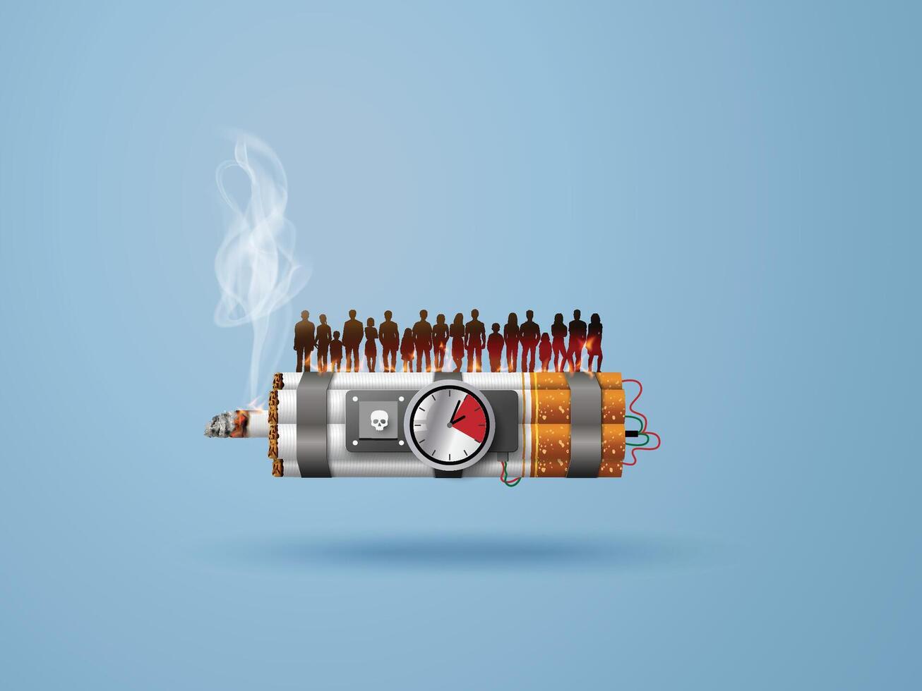 Creative anti-smoking artwork showing a cigarette as a time bomb carrying silhouettes of people. Represents the hidden and widespread harm caused by tobacco use. vector