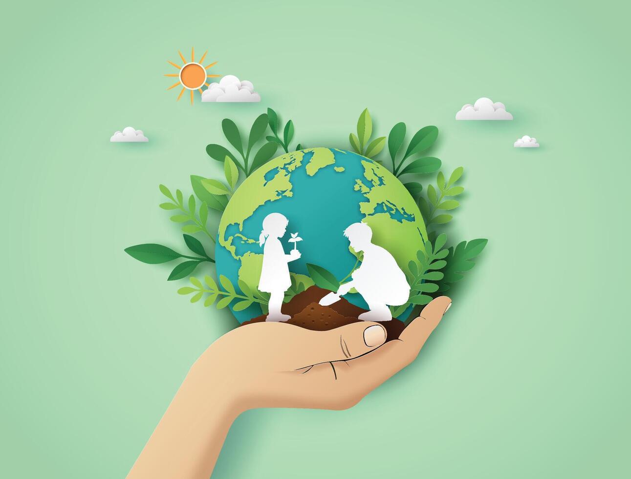 Illustration of a hand holding the Earth with children planting trees. Ideal for Earth Day and eco education projects. vector