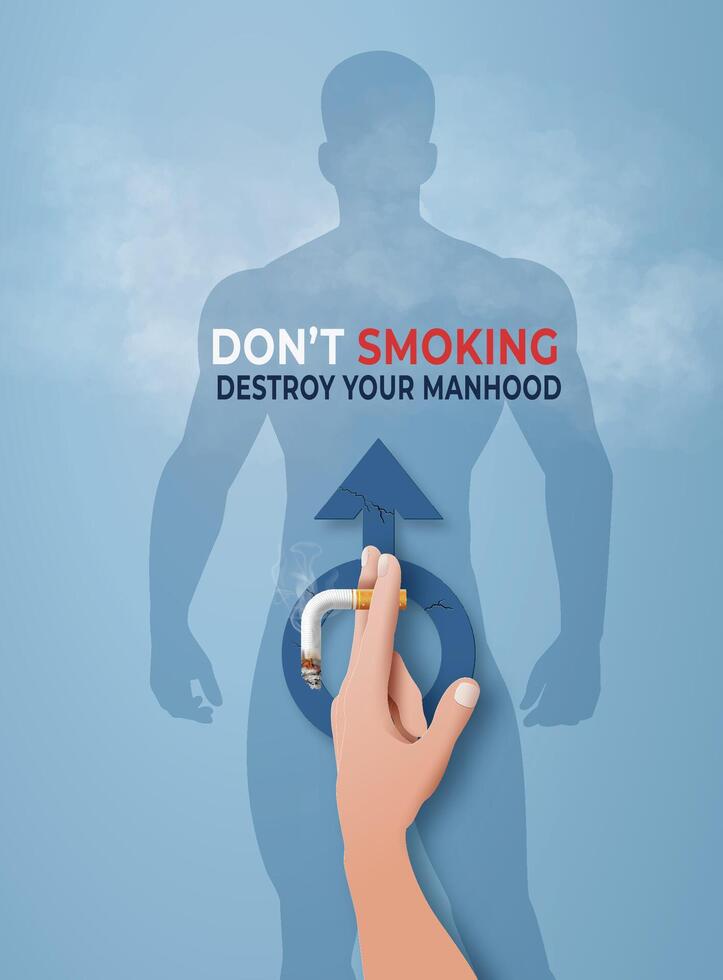 a hand holding a bent burning cigarette in front of a male silhouette with a male gender symbol vector