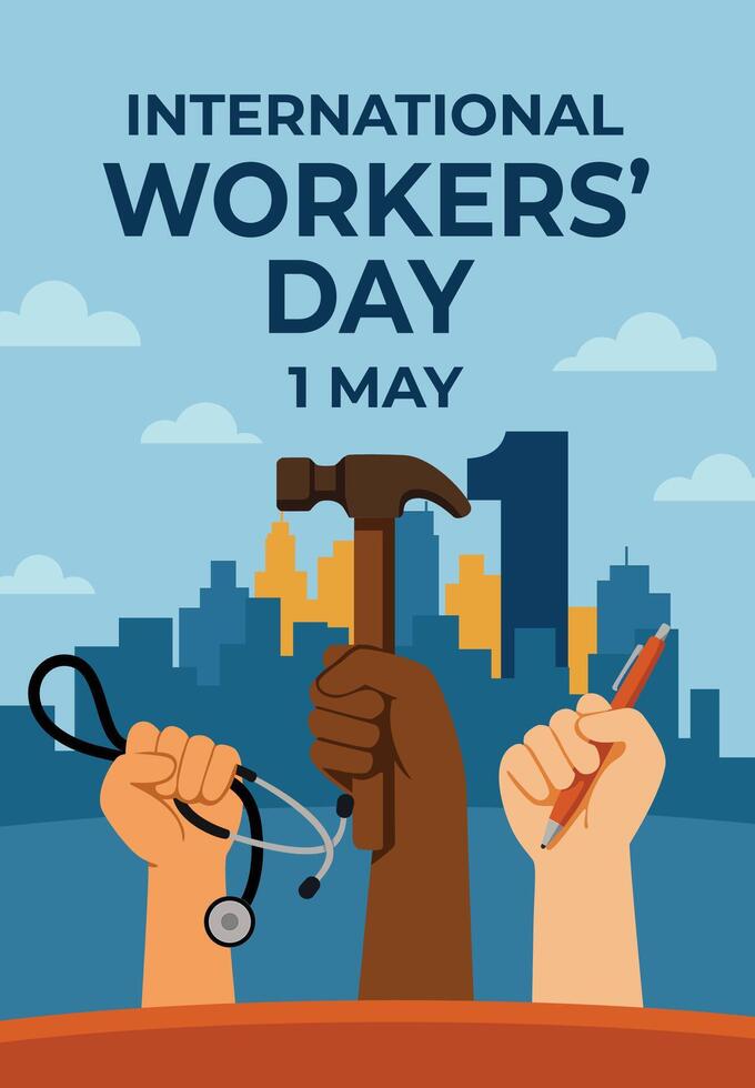 multiracial hands holding tools hammer, pen, and stethoscope celebrating unity and diversity on International Worker Day, May 1. vector