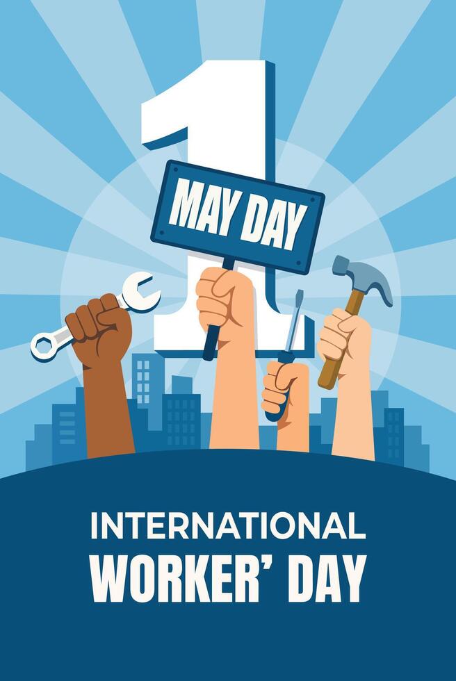 Illustration of diverse raised hands holding tools in celebration of May Day. A symbol of labor power, unity, and global solidarity in a clean flat design. vector