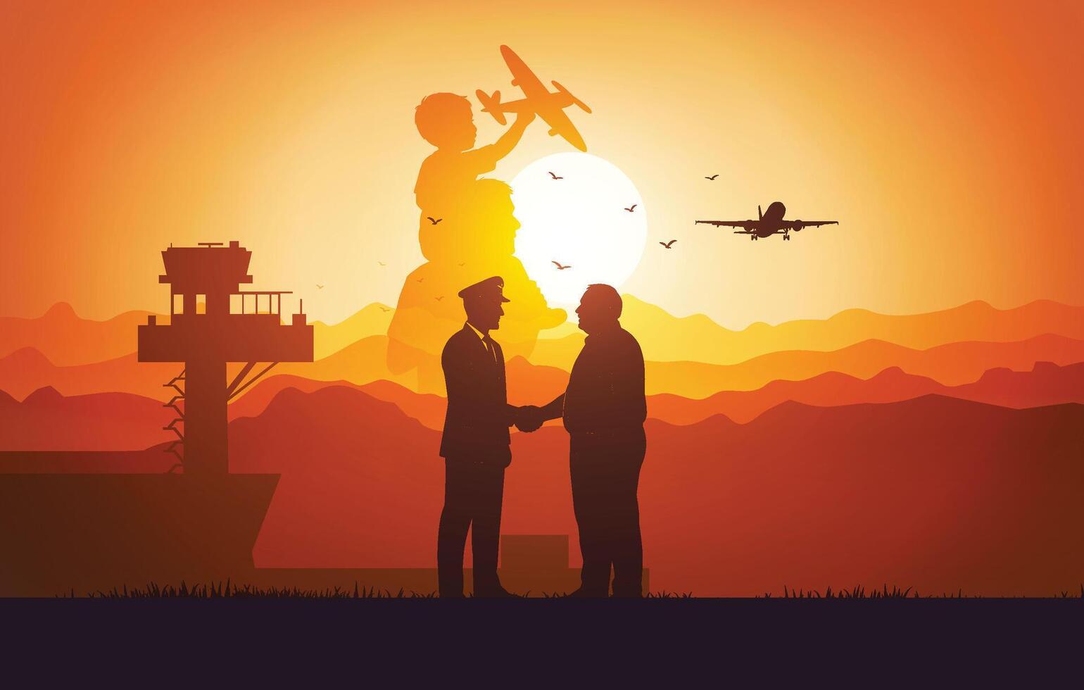 Silhouette of father and son in the park at the sunset time vector
