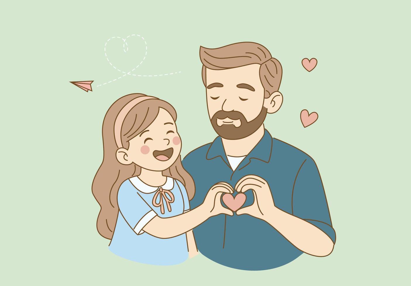 Flat design illustration of a father and daughter smiling and forming a heart shape with their hands. vector