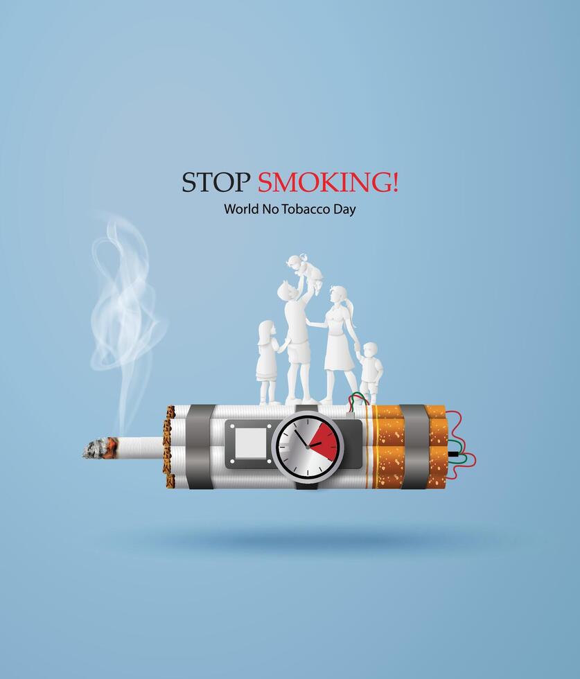 A burning cigarette designed as a time bomb with a family on top, symbolizing the danger of secondhand smoke and the urgent need to quit smoking. vector