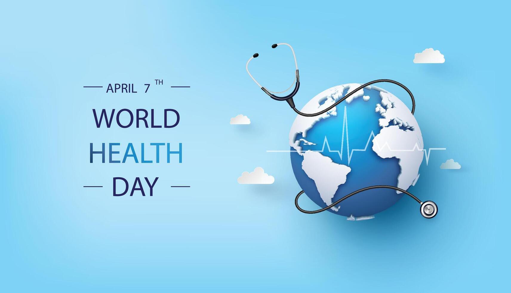 Blue sky background with globe and stethoscope in paper cut style. Symbolizes healthcare and world wellness. vector