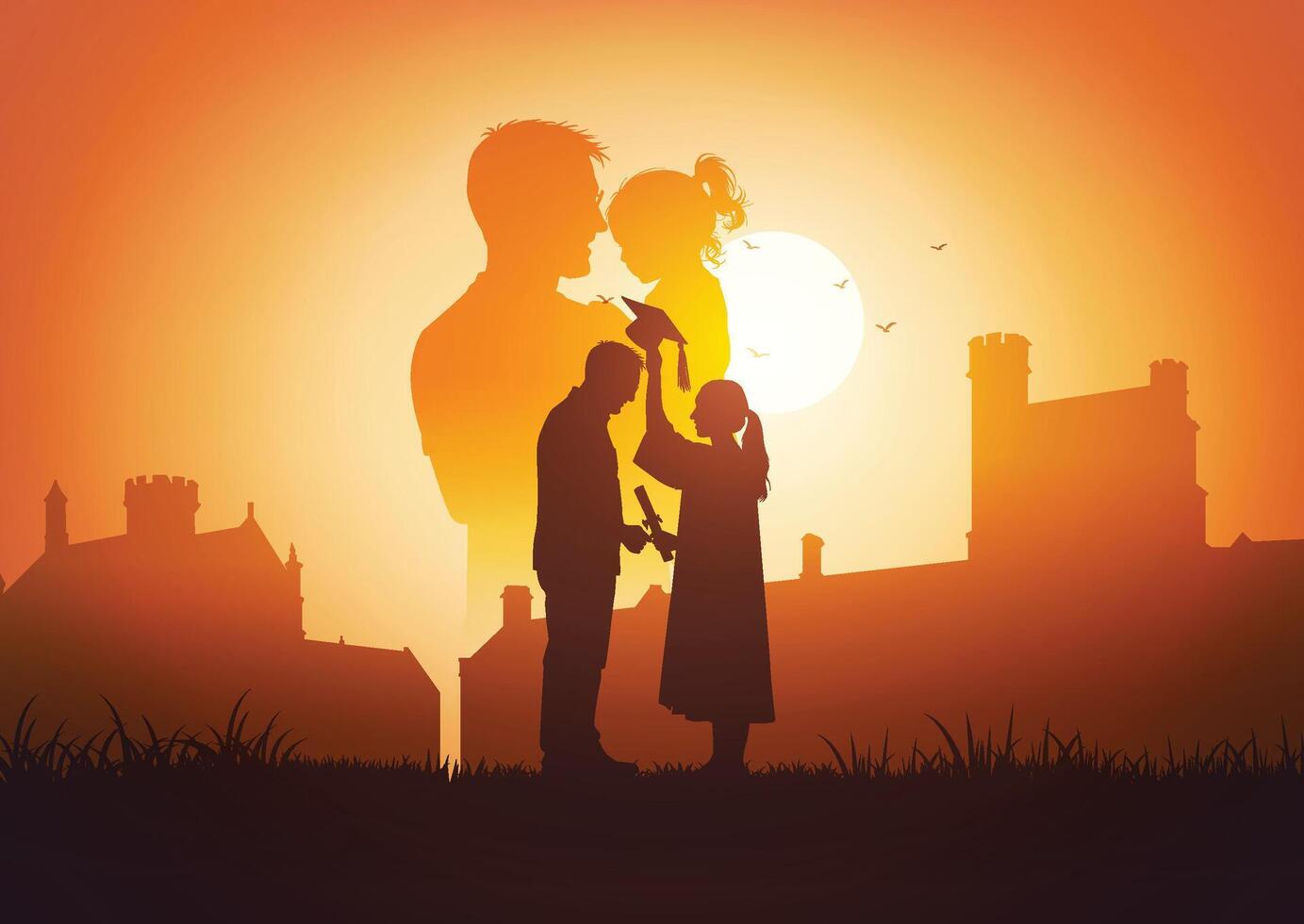 Emotional sunset silhouette showing father support from childhood to graduation in one frame vector
