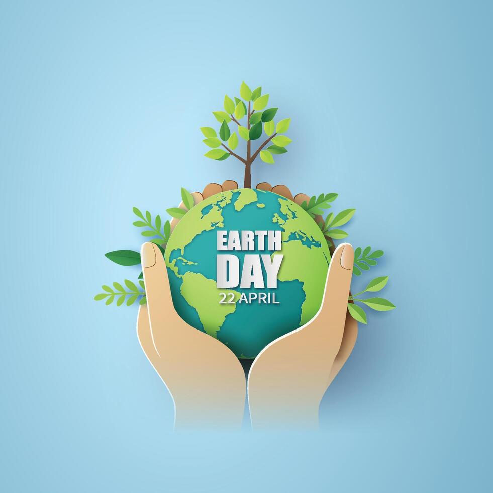 Minimalist paper cut illustration of hands holding Earth with a sprouting tree on a blue background. Ideal for Earth Day posters. vector