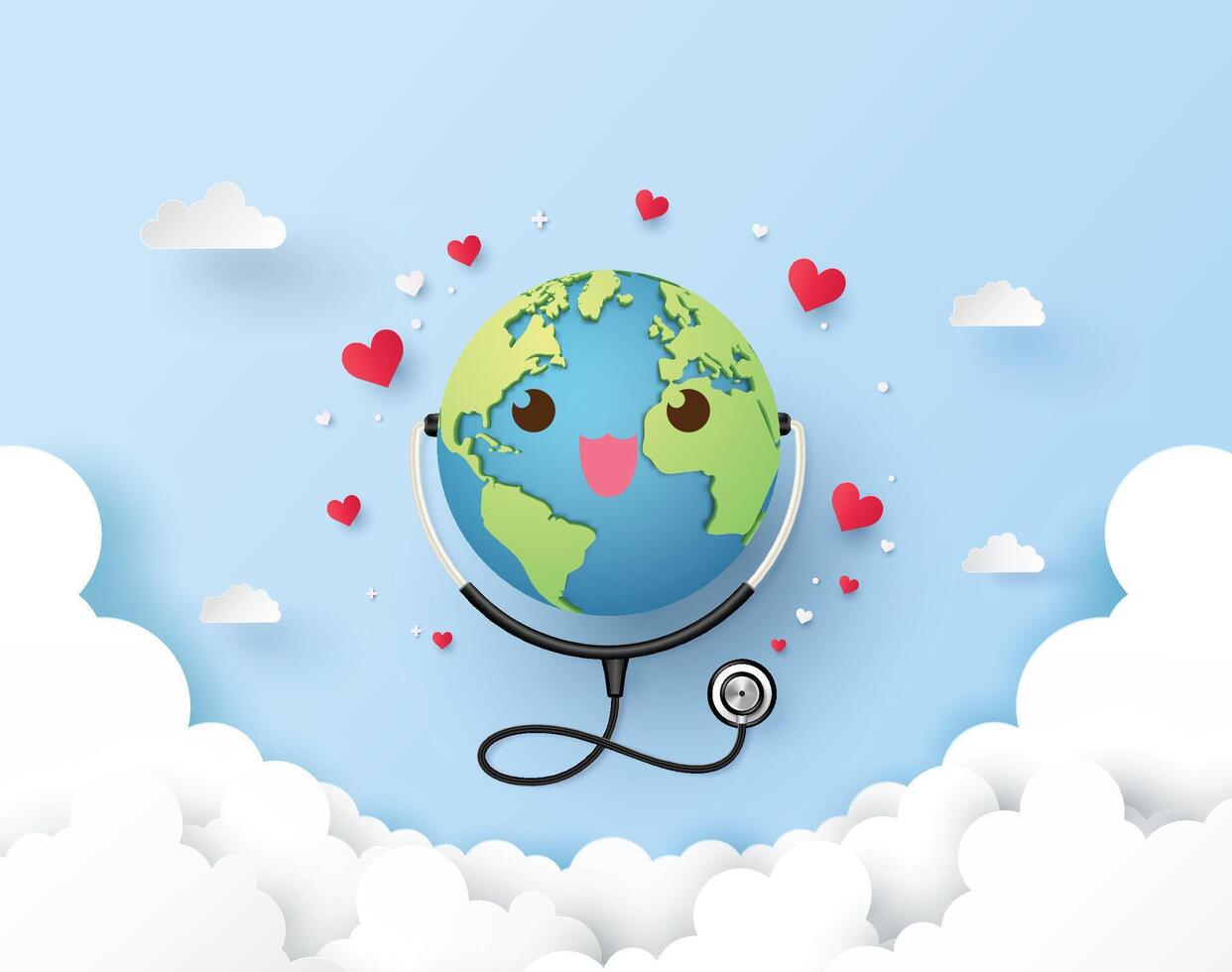 Earth with stethoscope floating in clouds surrounded by hearts. Soft and positive health message design. vector