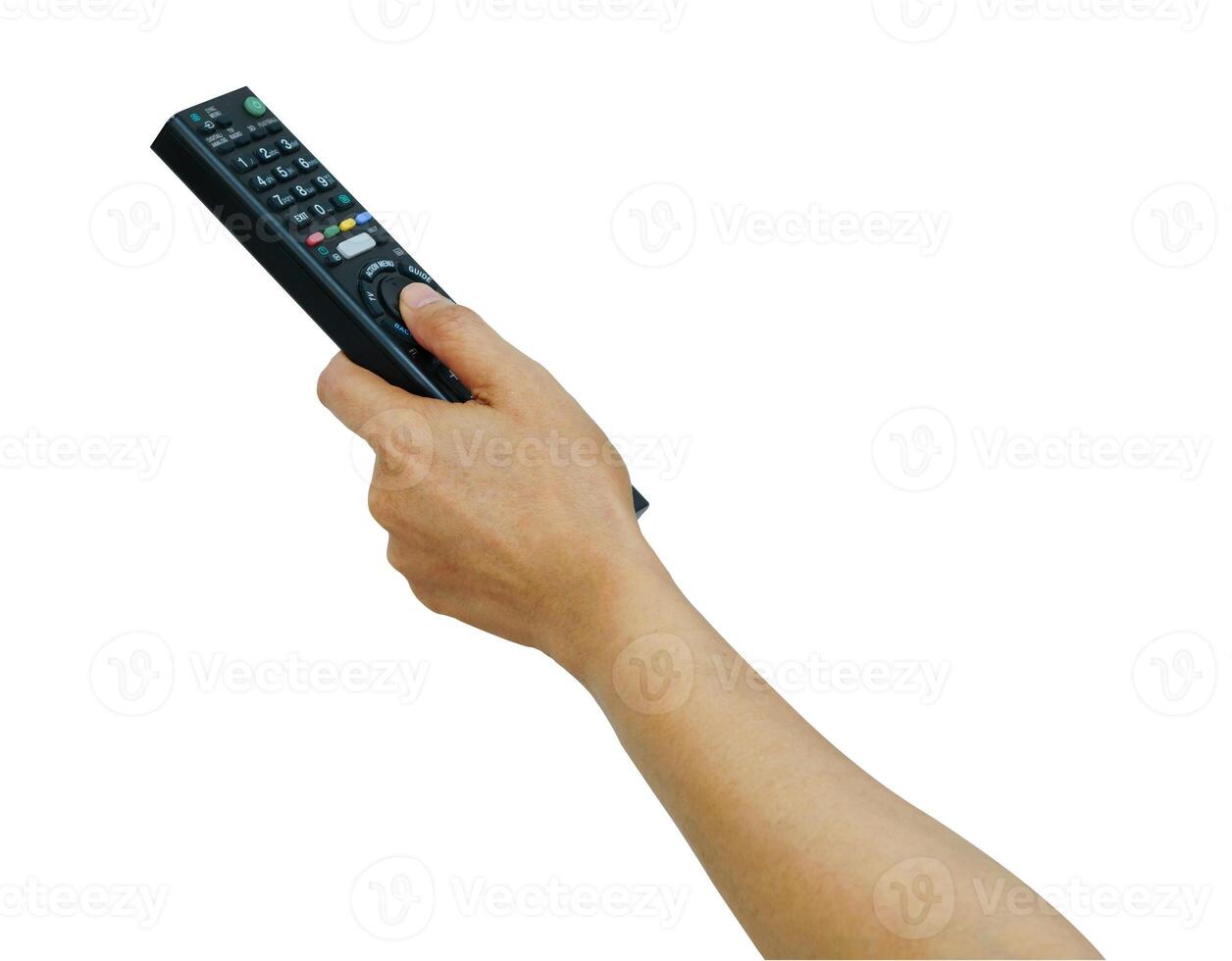 Asian woman use finger of left hand to press button on television remote control isolated on white background with clipping photo