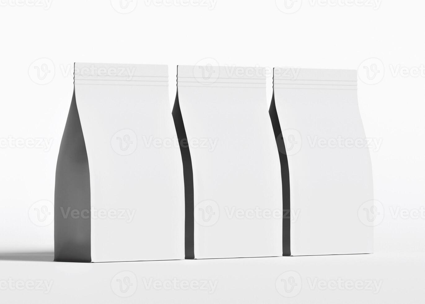 Three white pouches upright row flat lay photo