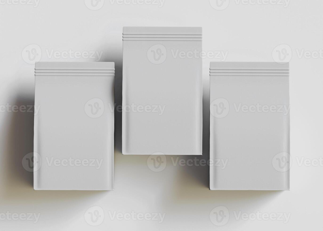 Three blank packages diagonal row light gray background photo